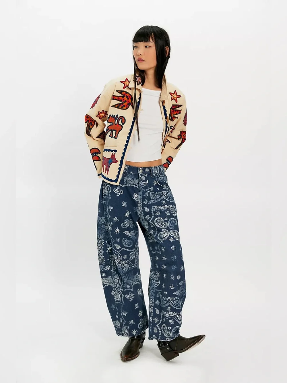 Free People We The Free Good Luck Printed Barrel Jeans Size 30